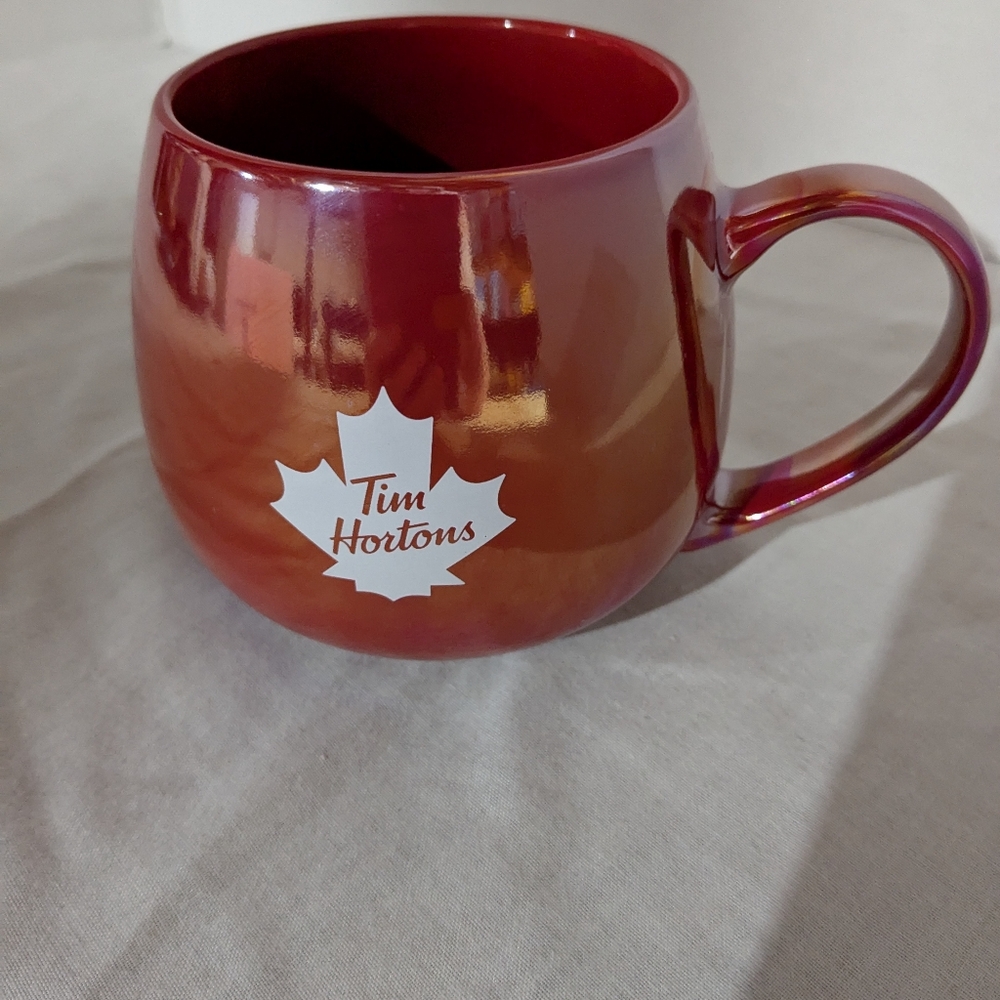 Tim Hortons Red Iridescent Coffee Mug  Maple Leaf Barrel Shaped 12 oz New